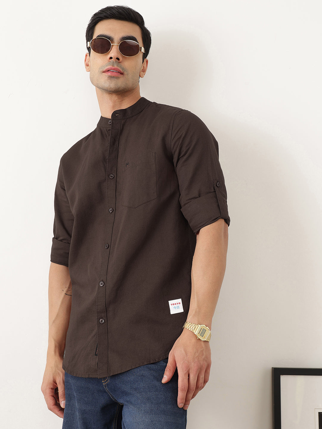 Thomas Scott Men Premium Brown Slim Fit Long Sleeves Mandarin Collar Solid Cotton Linen Casual Shirt