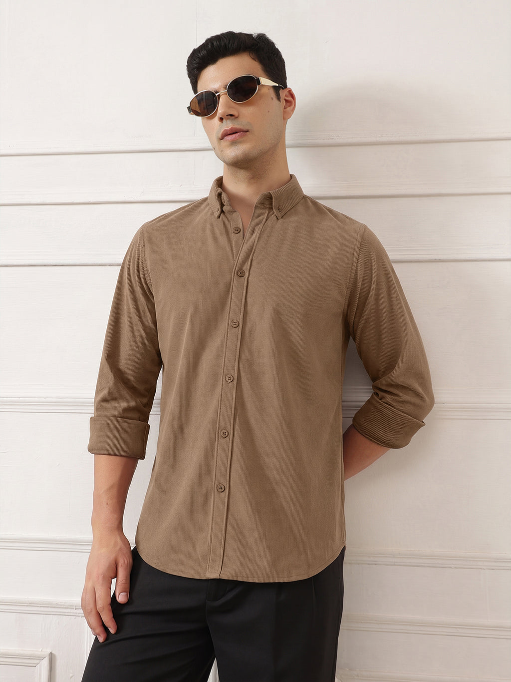 Mid Fawn Premium Slim Fit Full Sleeve Button-Down Collar Corduroy Shirt For Men
