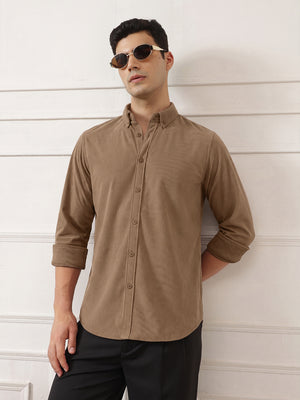 Mid Fawn Premium Slim Fit Full Sleeve Button-Down Collar Corduroy Shirt For Men