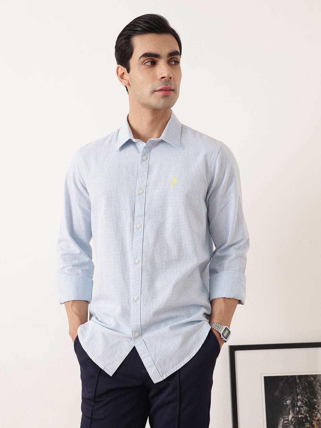 Thomas Scott Men Blue Premium Regular Fit Long Sleeves Spread Collar Gingham Checks Cotton Linen Casual Shirt