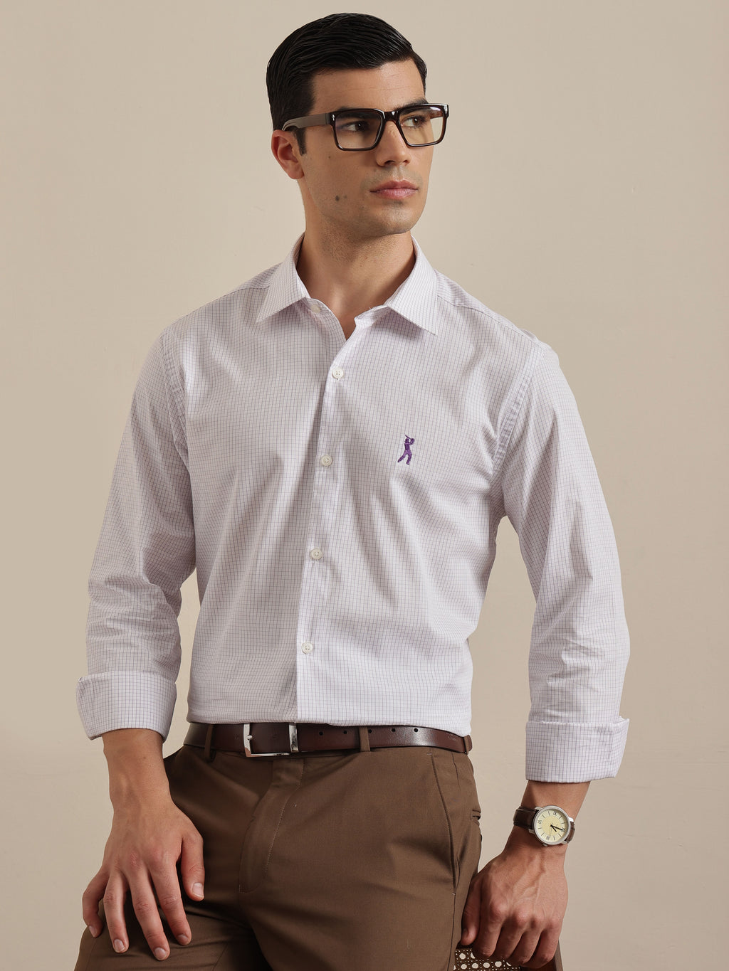 Thomas Scott Men Premium Purple Regular Fit Long Sleeves Spread Collar Micro Checks Cotton Formal Shirt