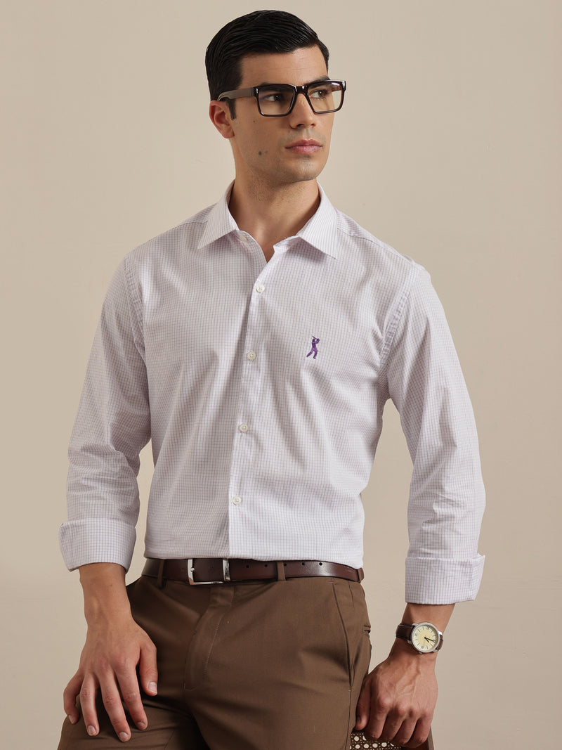 Thomas Scott Men Premium Purple Regular Fit Long Sleeves Spread Collar Micro Checks Cotton Formal Shirt