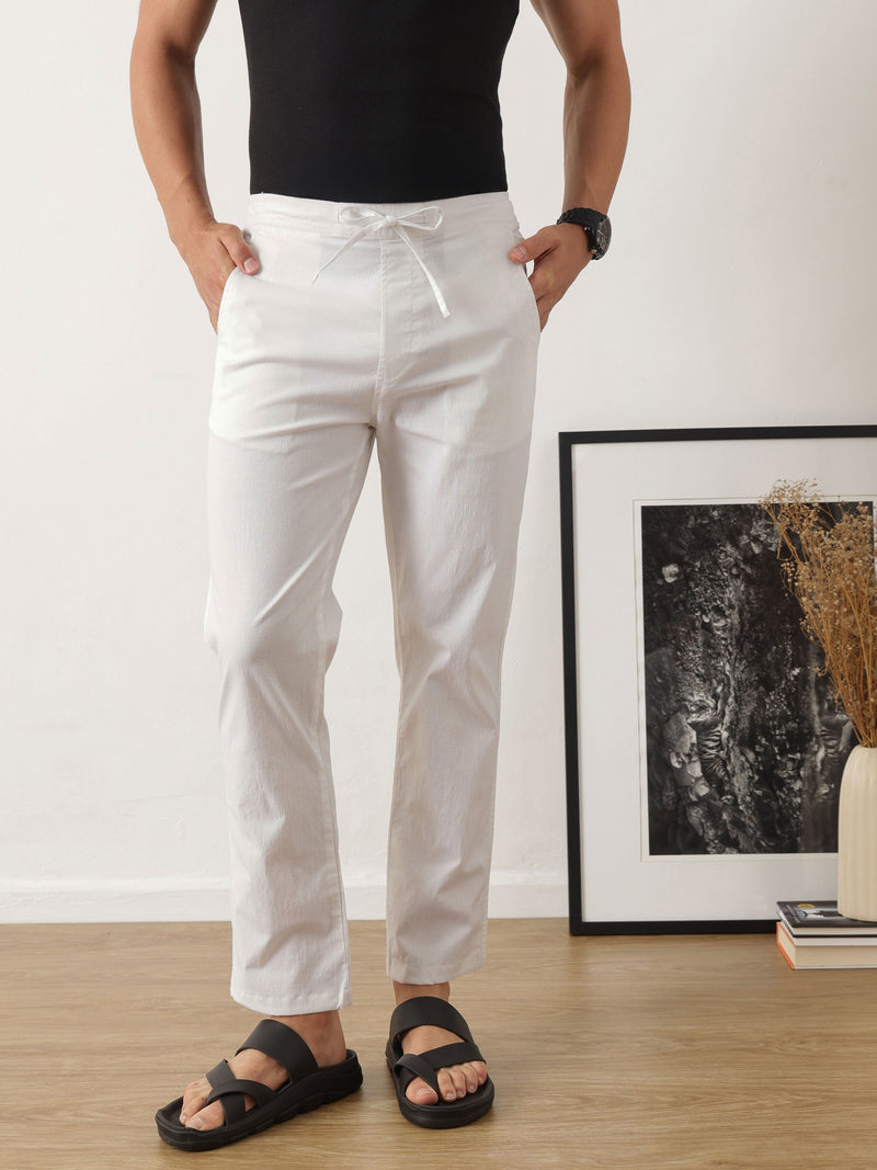 Thomas Scott Men Smart White Optical Regular Fit Mid-Rise Solid Woven Cotton Linen Trouser