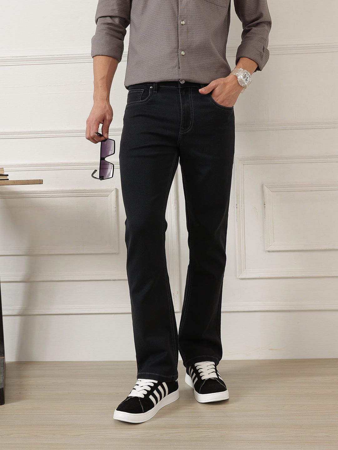 Black Smart Bootcut Fit Mid-Rise No Faded Clean Look Stretchable Jeans For Men