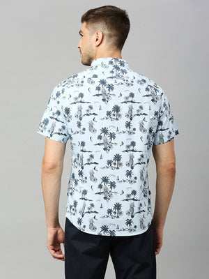 Thomas Scott Men Sky Blue Classic Short Sleeves Slim Fit Spread Collar Floral Printed Cotton Casual Shirt