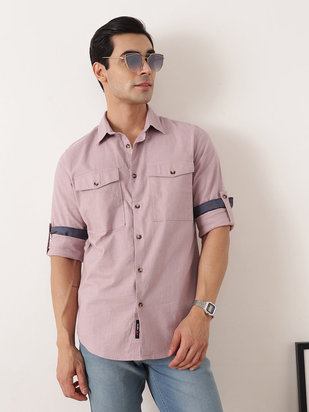 Thomas Scott Men Lilac Premium Slim Fit Long Roll-Up Sleeves Spread Collar Solid Cotton Casual Shirt with Flap Pockets