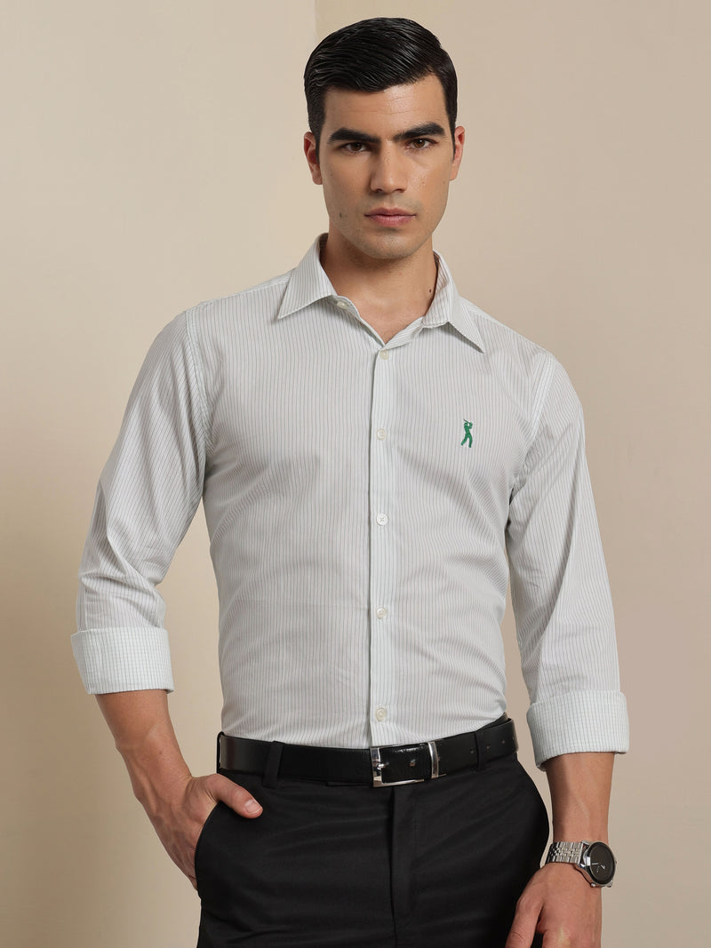 Thomas Scott Men Premium Green Regular Fit Vertical Striped Cotton Formal Shirt with Spread Collar & Full Sleeves
