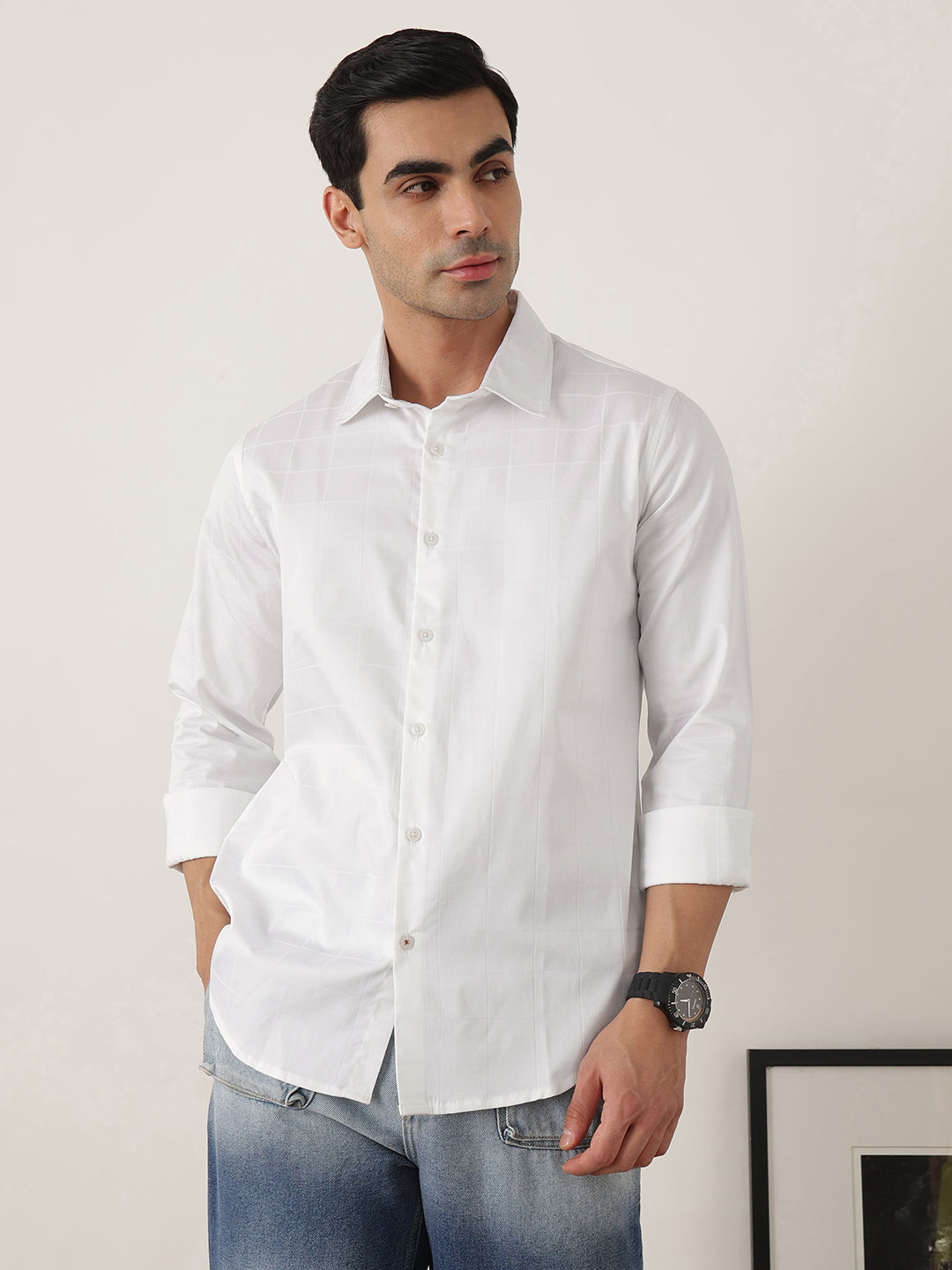 Thomas Scott Men Premium White Optical Regular Fit Long Sleeves Spread Collar Windowpane Checks Cotton Lycra Casual Shirt