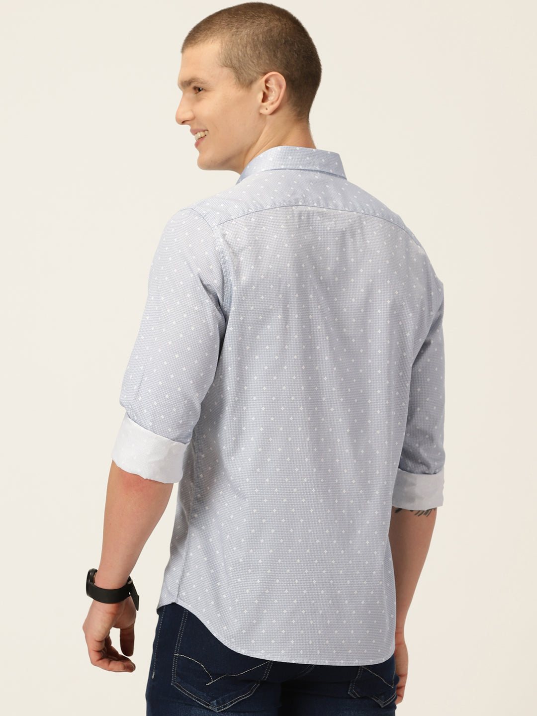 Thomas Scott Men Blue Smart Slim Fit Long Sleeves Spread Collar Micro Ditsy Printed Cotton Casual Shirt