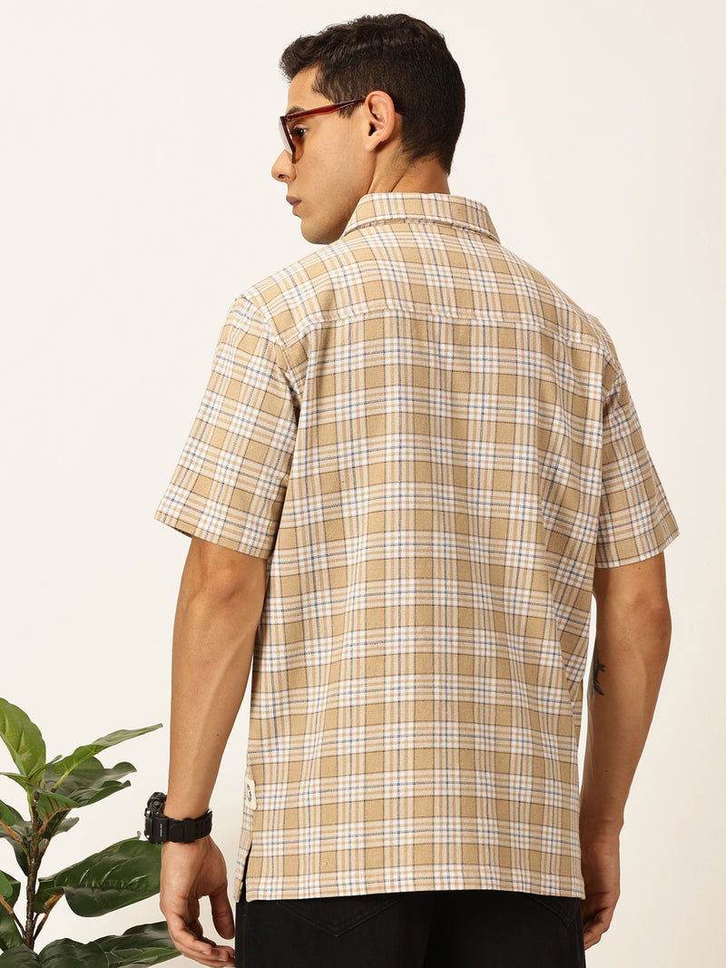 Thomas Scott Men Beige Premium Oversized Short Sleeves Tartan Checks Cuban Collar Casual Shirts