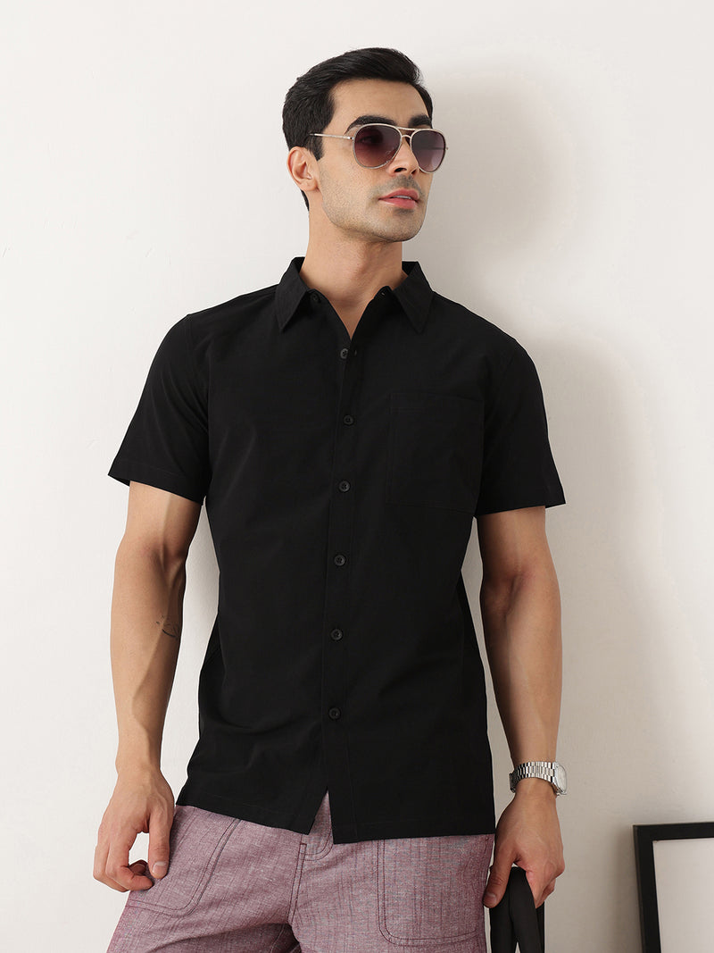 Thomas Scott Men Premium Black Slim Fit Short Sleeves Spread Collar Solid Casual Shirt