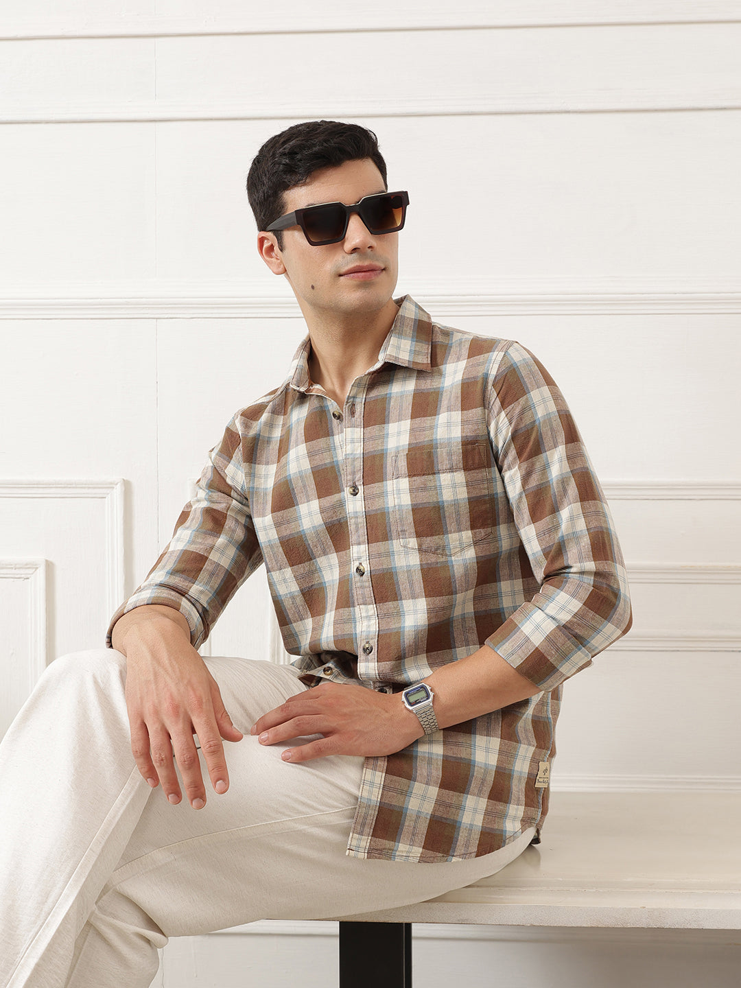 Brown Premium Slim Fit Graphic Checked Cotton Linen Casual Shirt For Men
