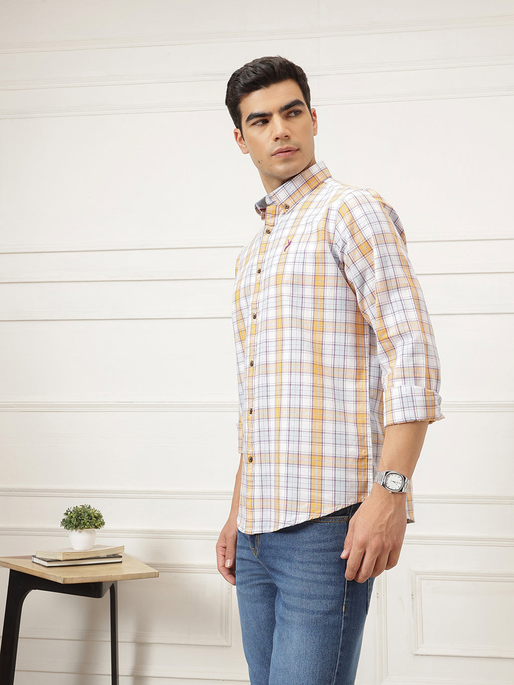 White Premium Regular Fit Tartan Checks Cotton Oxford Shirt For Men