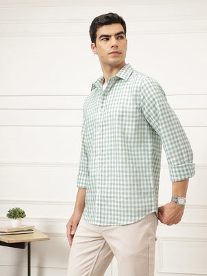 Green Premium Regular Fit Gingham Checks Cotton Linen Shirt For Men