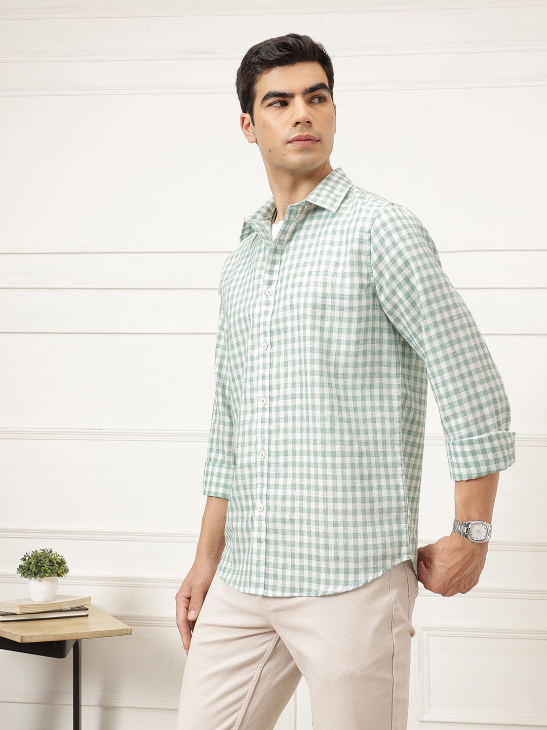 Green Premium Regular Fit Gingham Checks Cotton Linen Shirt For Men