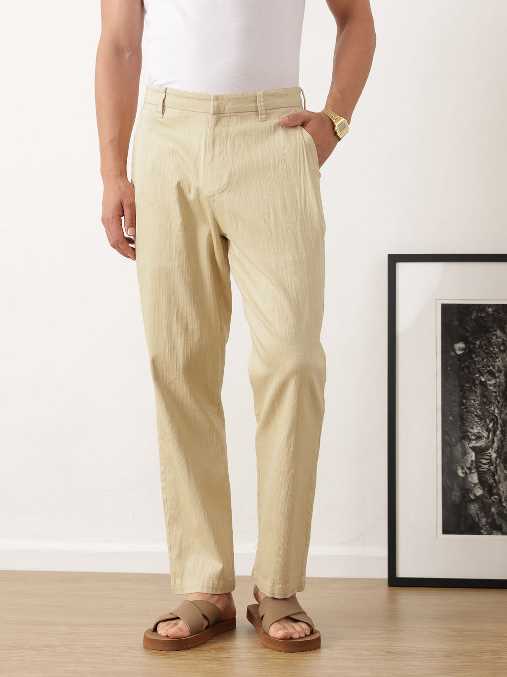 Thomas Scott Men Beige Smart Solid Regular Fit Woven Linen Pleated Trousers