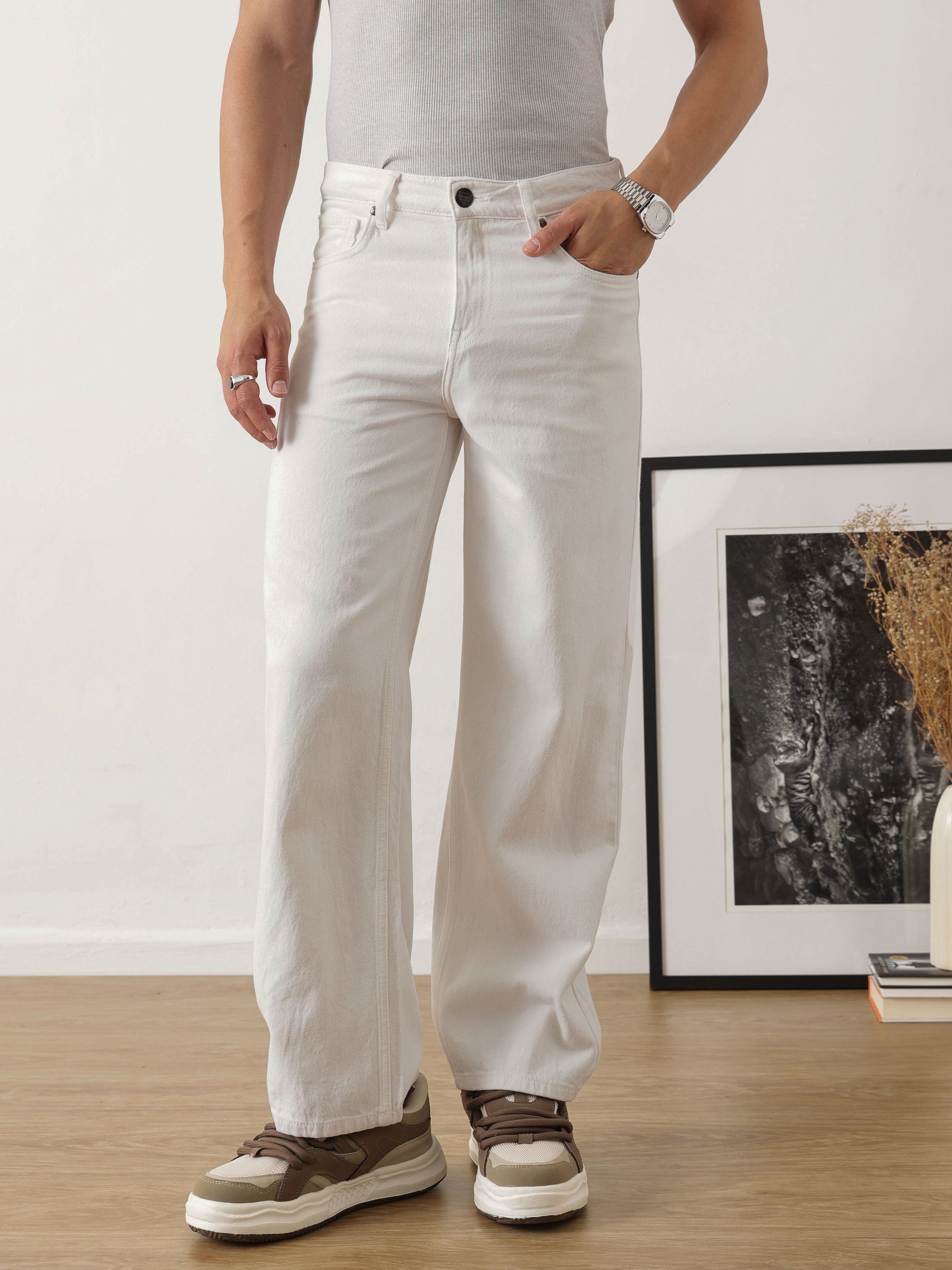 Thomas Scott Men White Baggy Fit Clean Look Non Stretchable Jeans