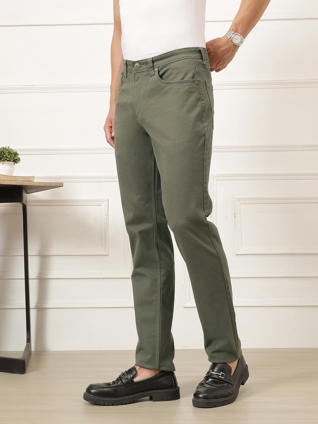 Green Smart Straight Fit Mid-Rise Solid Woven Trouser For Men