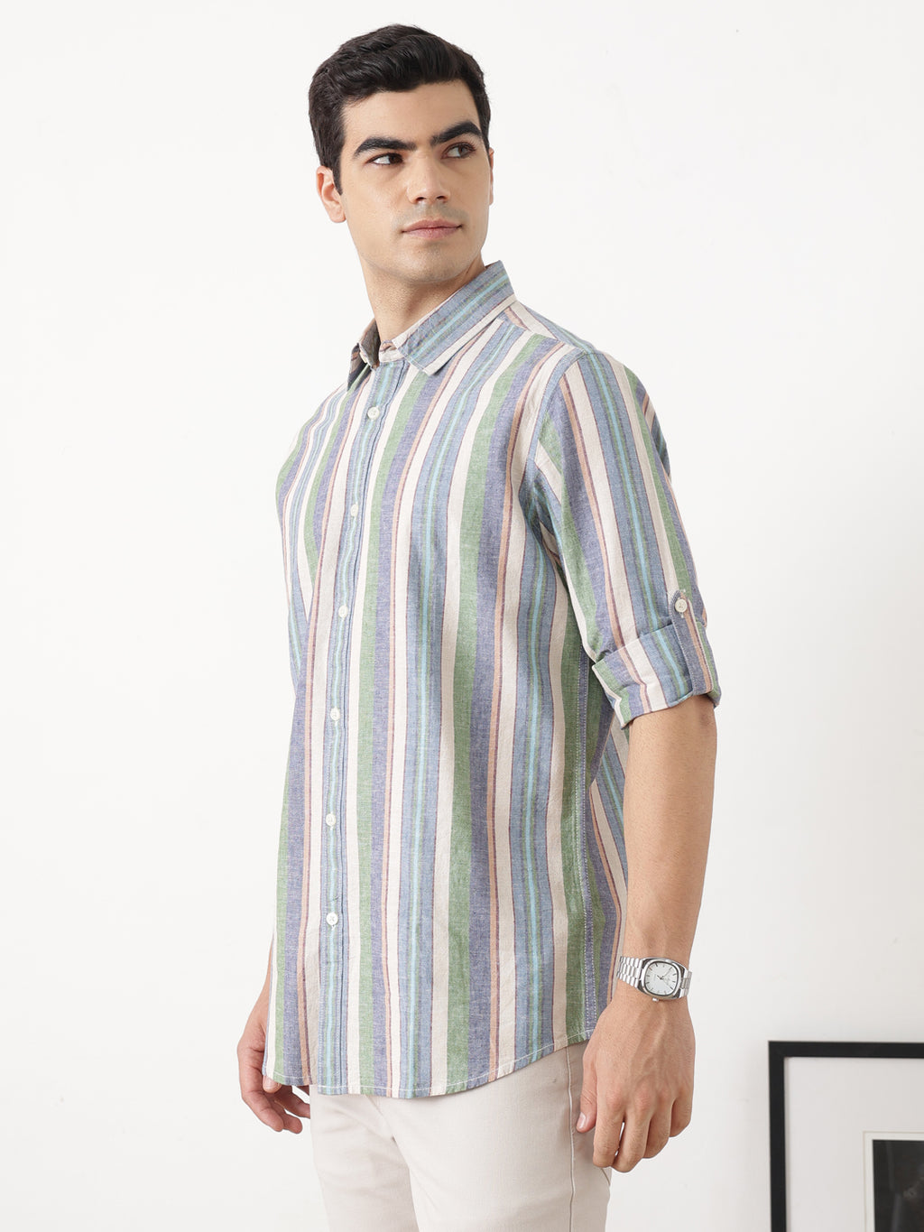NaturalB Regular Fit Roll-Up Sleeve Spread Collar Vertical Striped Cotton Linen Casual Shirt For Men