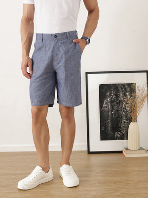Thomas Scott Men Navy Regular Fit Mid-Rise Solid Woven Cotton Linen Shorts
