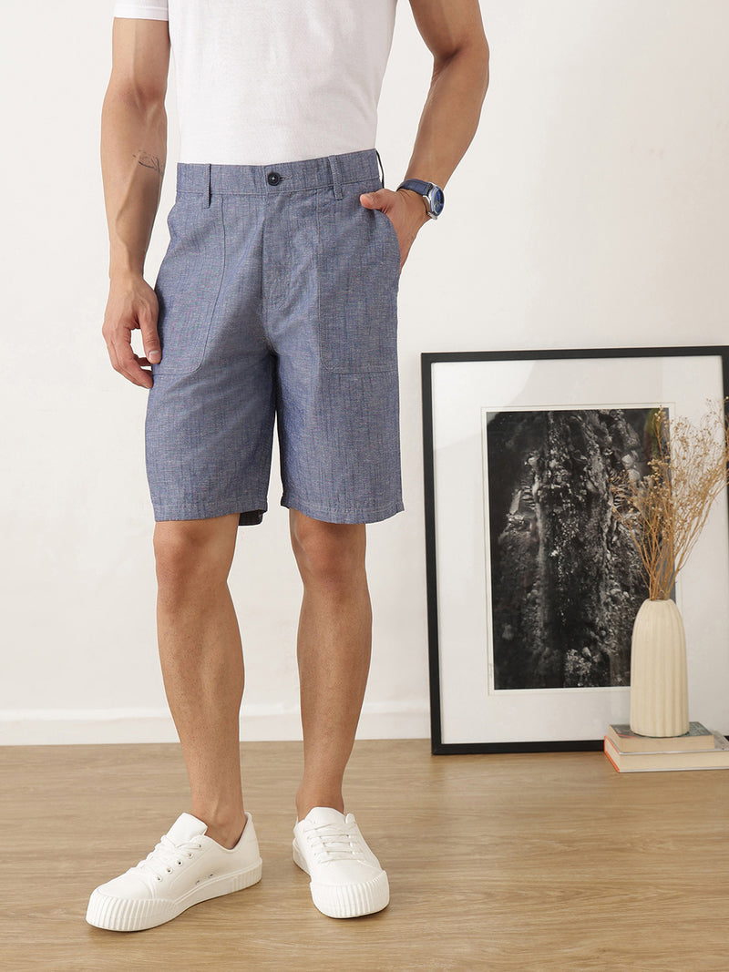 Thomas Scott Men Navy Regular Fit Mid-Rise Solid Woven Cotton Linen Shorts