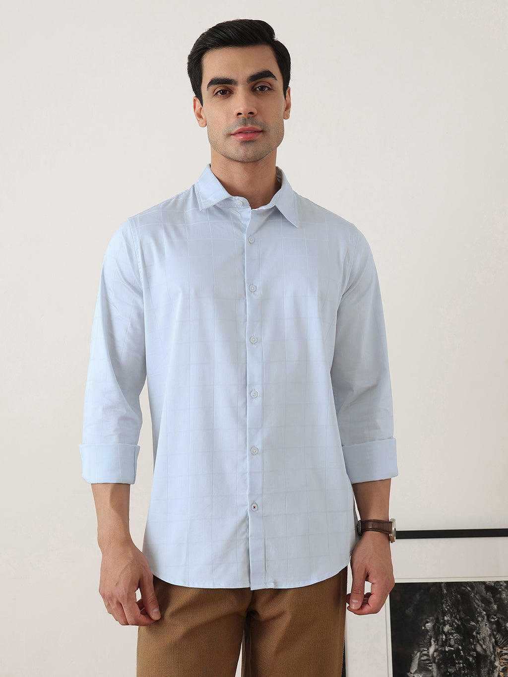 Thomas Scott Men Premium Sky Blue Regular Fit Long Sleeves Spread Collar Windowpane Checks Cotton Lycra Casual Shirt