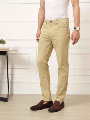 Beige Smart Straight Fit Mid-Rise Solid Woven Trouser For Men