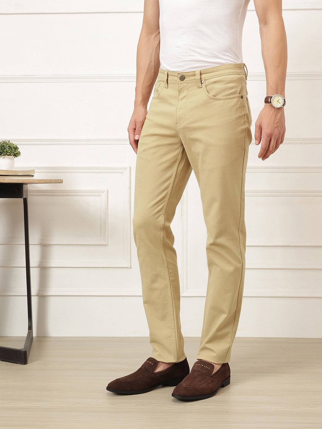 Beige Smart Straight Fit Mid-Rise Solid Woven Trouser For Men