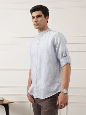 Blue Premium Regular Fit Roll-Up Sleeve Mandarin Collar Pinstripe Linen Casual Shirt for Men