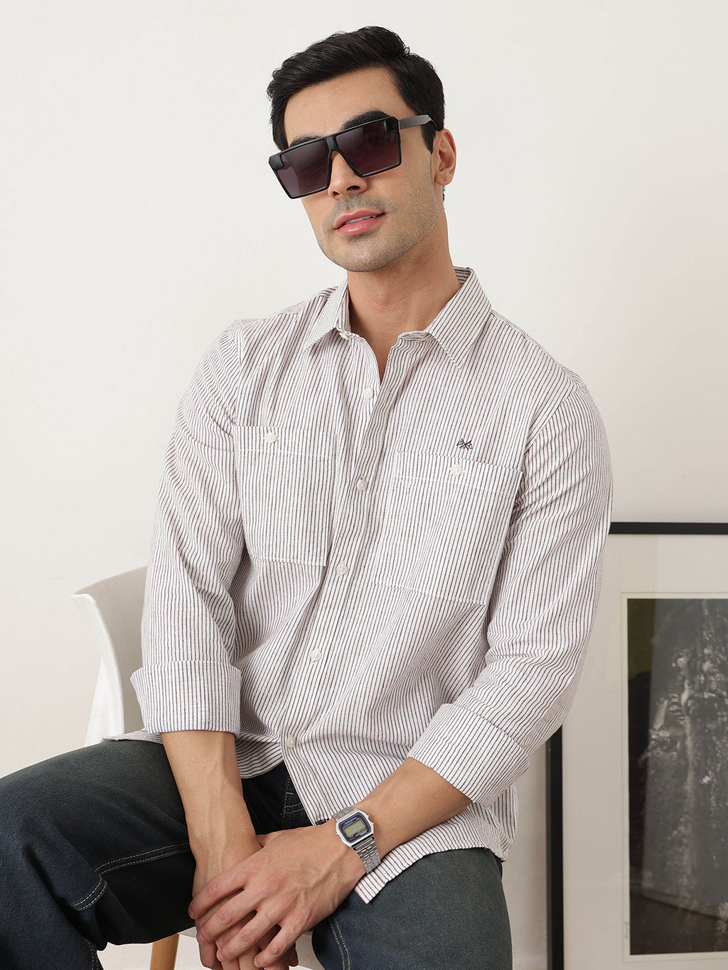 Thomas Scott Men Premium Maroon Regular Fit Long Sleeves Spread Collar Pinstripes Cotton Linen Casual Shirt