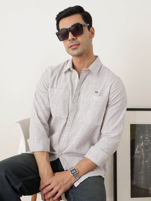 Thomas Scott Men Premium Maroon Regular Fit Long Sleeves Spread Collar Pinstripes Cotton Linen Casual Shirt