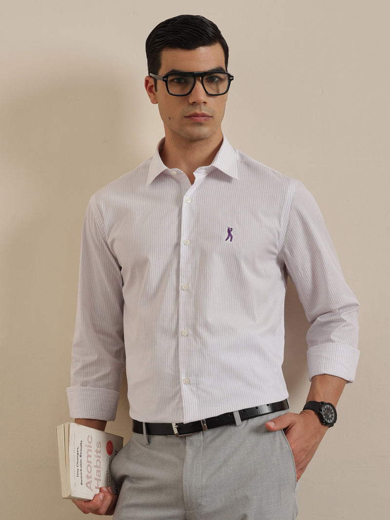 Thomas Scott Men Premium Purple Regular Fit Vertical Striped Cotton Formal Shirt with Spread Collar & Full Sleeves