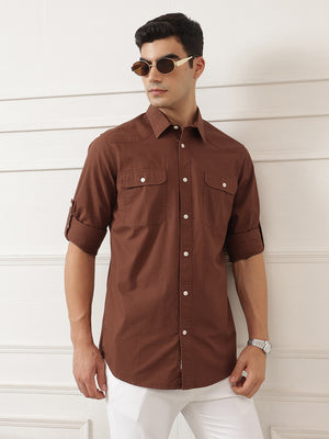 Rust Roll-Up Sleeve Regular Fit Spread Collar Textured Cotton Casual Shirt For Men