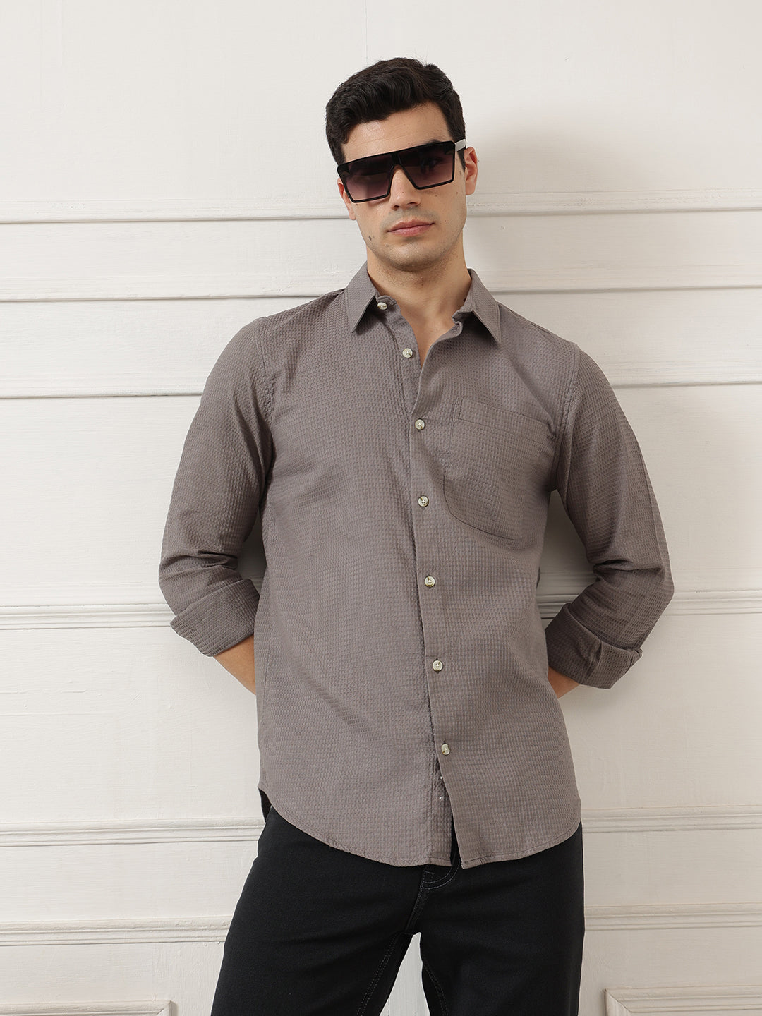 Grey Premium Regular Fit Long Sleeves Spread Collar Textured Cotton Casual Shirt For Men