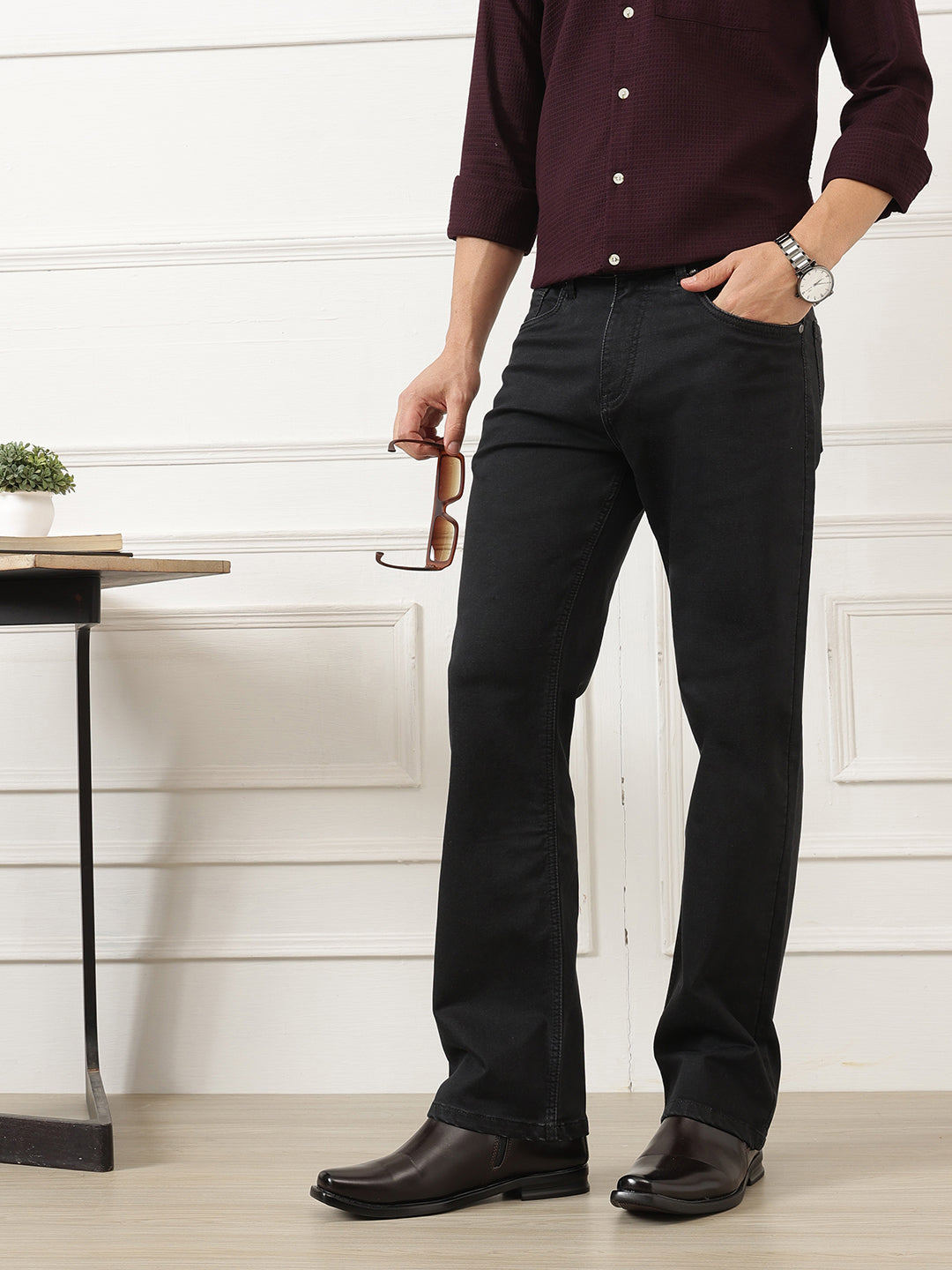 Black Smart Bootcut Fit Mid-Rise No Faded Clean Look Stretchable Jeans For Men