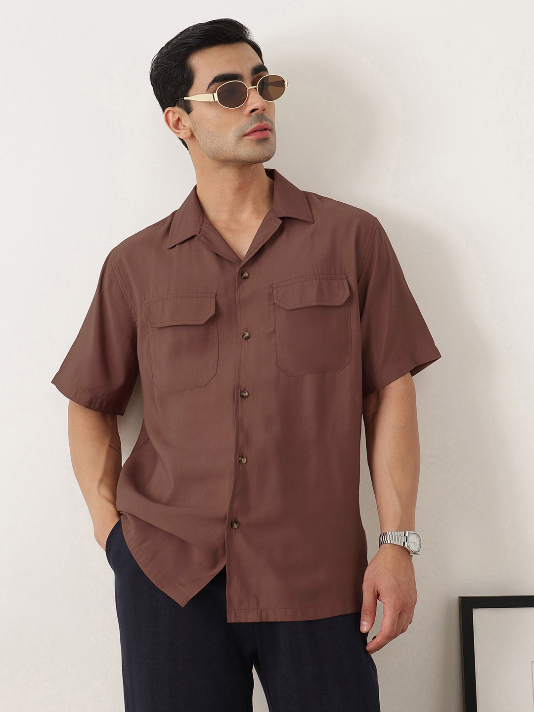 Thomas Scott Men Premium Rust Oversize Fit Short Sleeves Cuban Collar Textured Casual Shirt