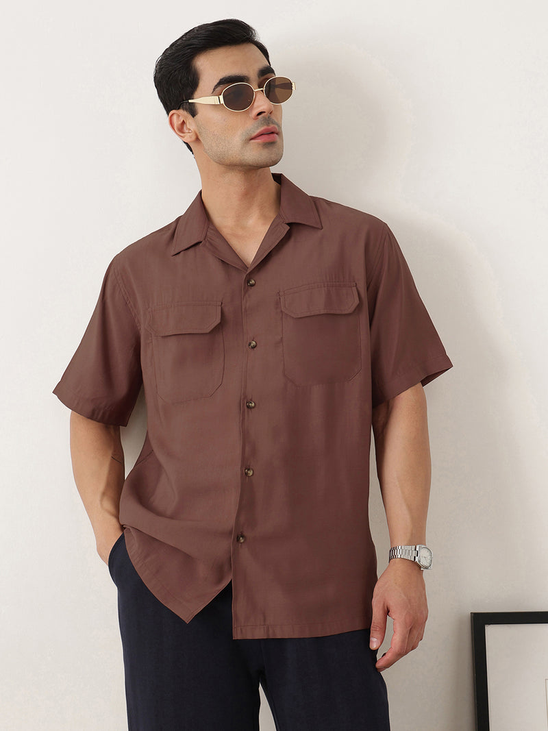 Thomas Scott Men Premium Rust Oversize Fit Short Sleeves Cuban Collar Textured Casual Shirt
