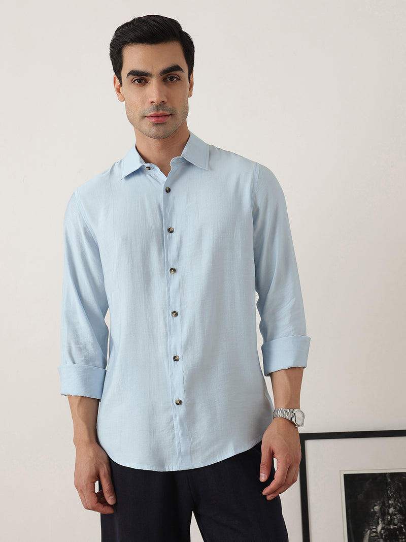 Thomas Scott Men Sky Blue Premium Slim Fit Long Sleeves Semi Cutaway Collar Casual Shirt
