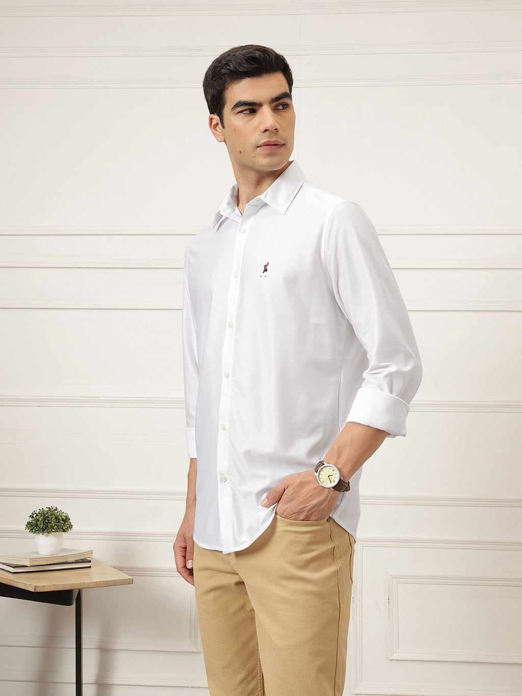 White Premium Regular Fit Long Sleeves Spread Collar Solid Knitted Casual Shirt For Men