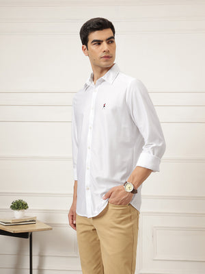 White Premium Regular Fit Long Sleeves Spread Collar Solid Knitted Casual Shirt For Men