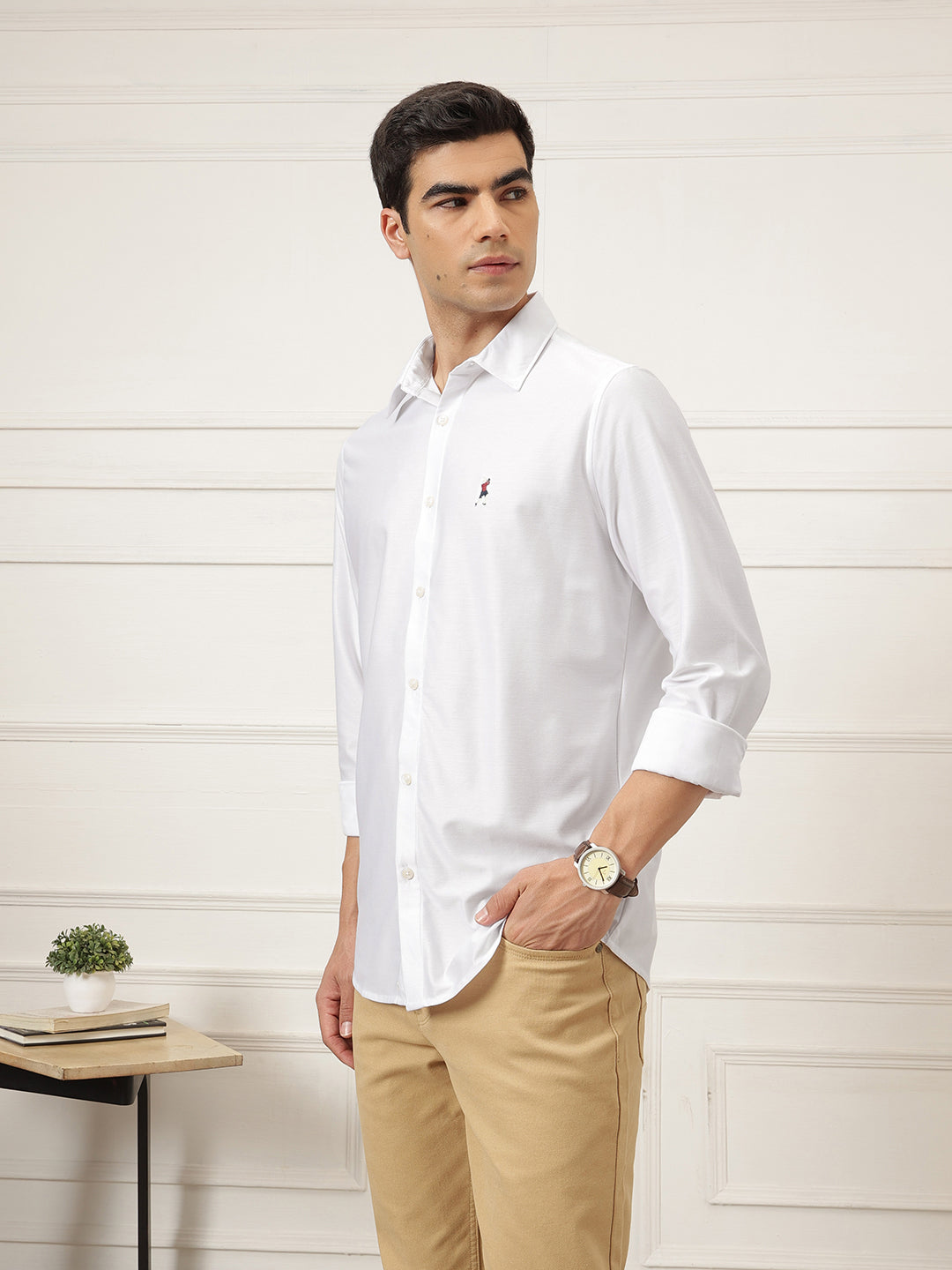 White Premium Regular Fit Long Sleeves Spread Collar Solid Knitted Casual Shirt For Men