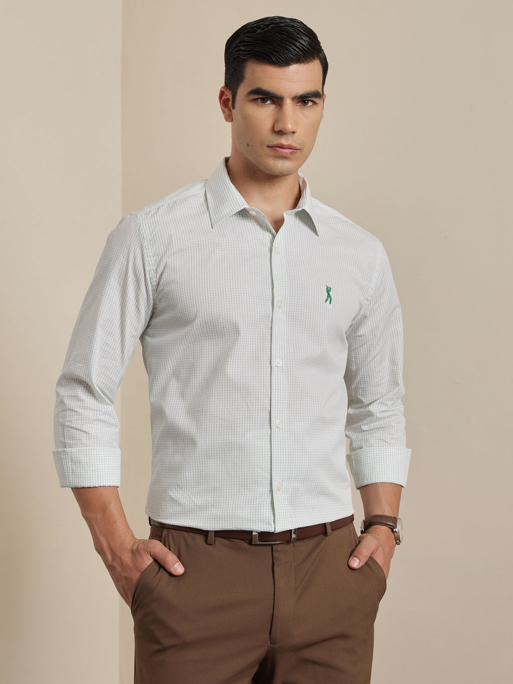 Thomas Scott Men Premium Green Regular Fit Long Sleeves Spread Collar Micro Checks Cotton Formal Shirt