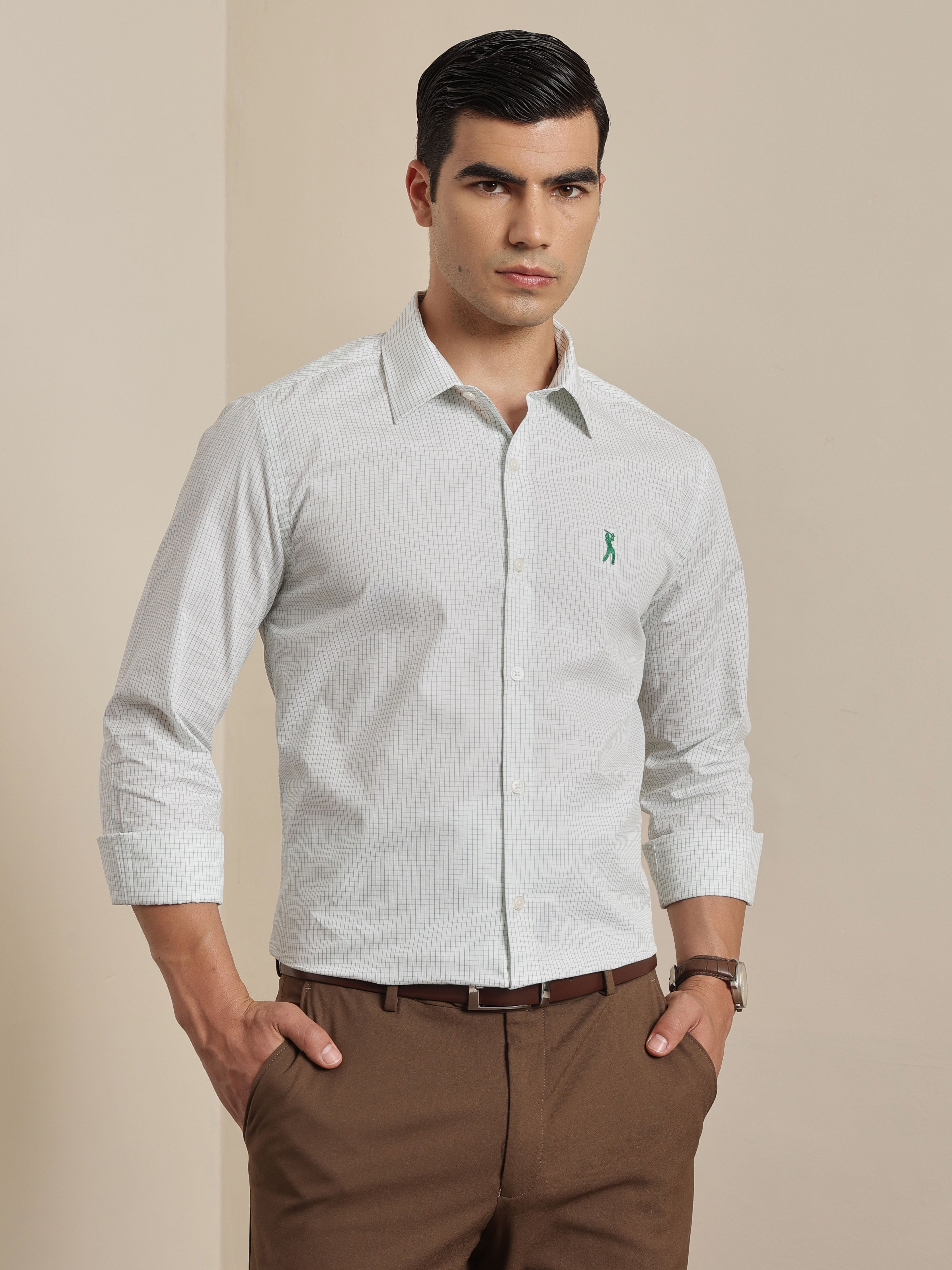 Thomas Scott Men Premium Green Regular Fit Long Sleeves Spread Collar Micro Checks Cotton Formal Shirt