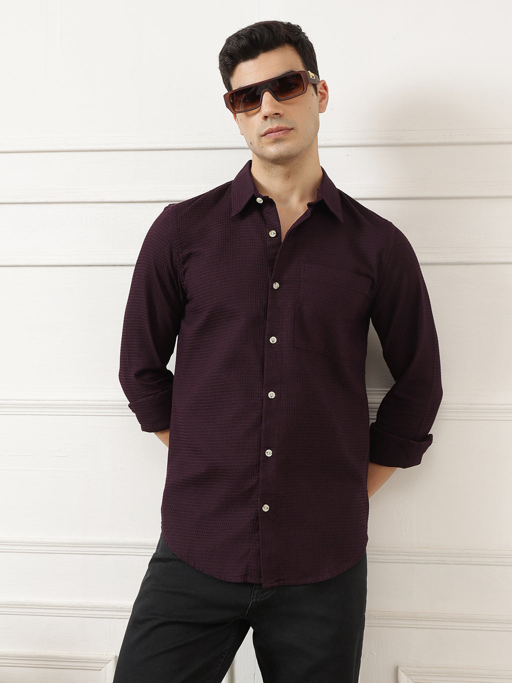 Maroon Premium Regular Fit Long Sleeves Spread Collar Textured Cotton Casual Shirt For Men