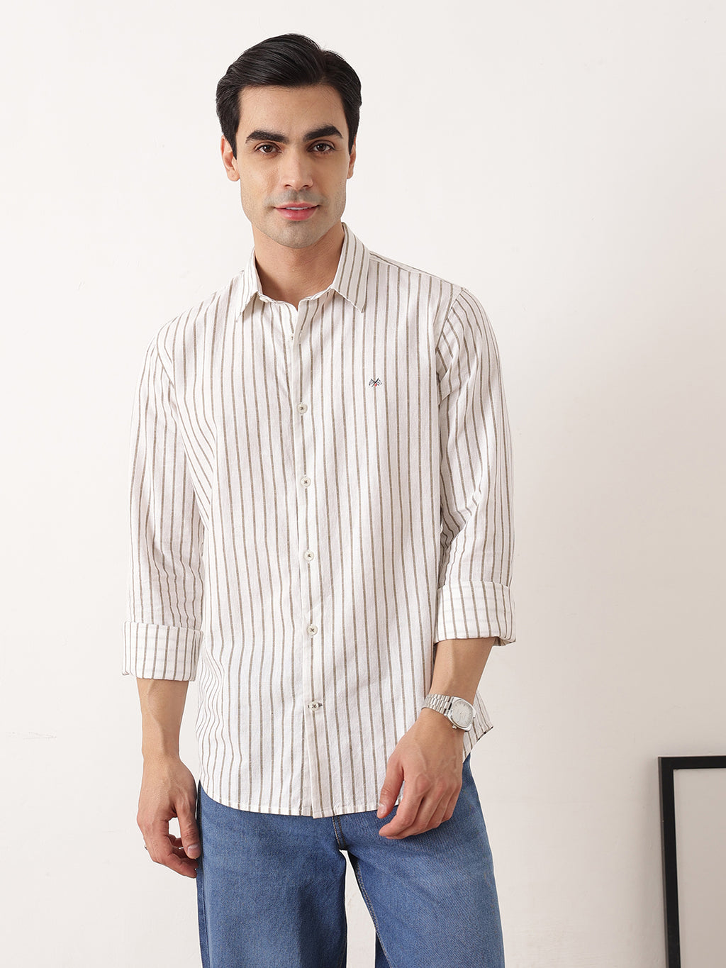 Thomas Scott Men Olive Premium Regular Fit Long Sleeves Spread Collar Vertical Stripes Cotton Linen Casual Shirts