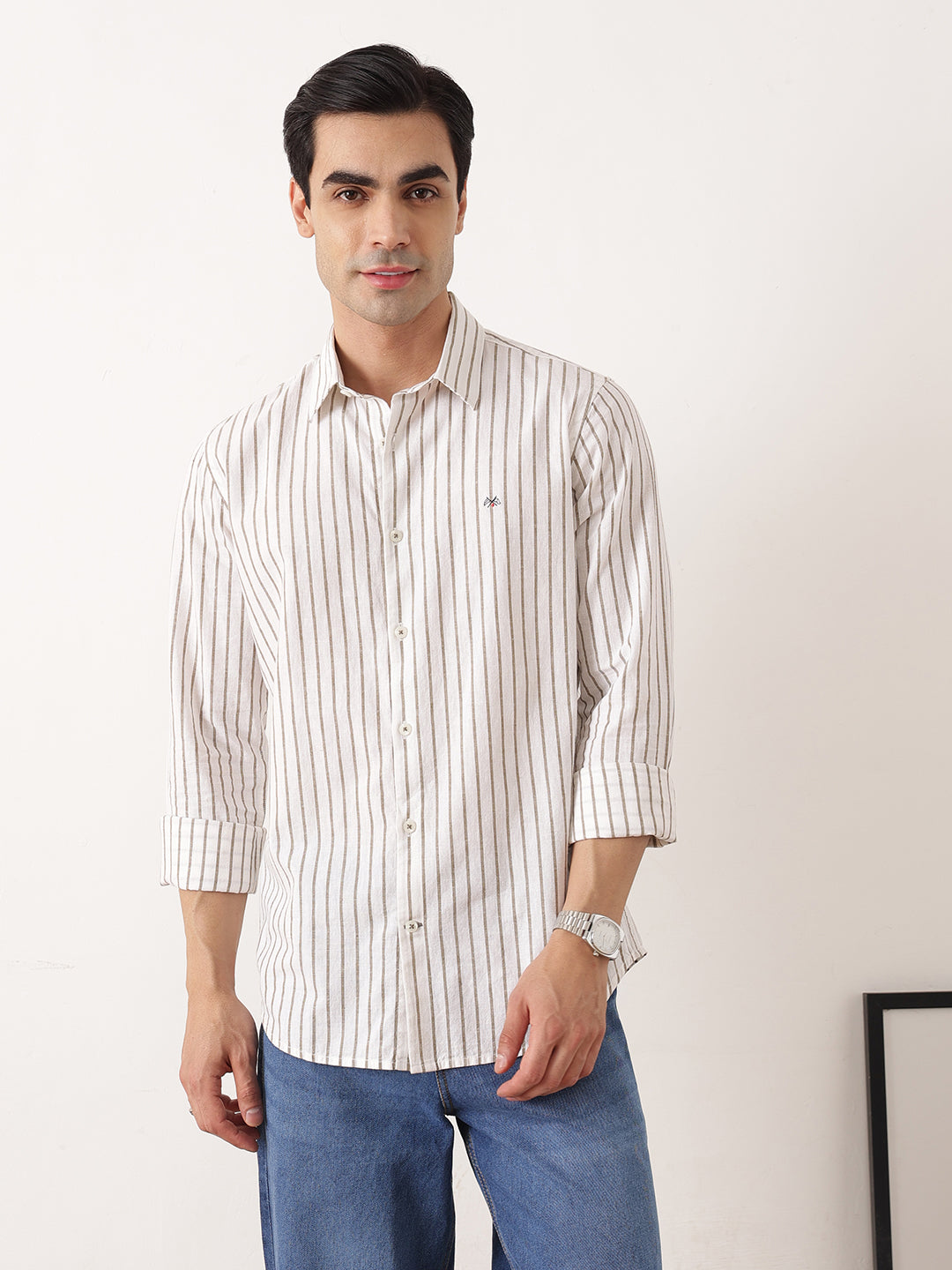 Thomas Scott Men Olive Premium Regular Fit Long Sleeves Spread Collar Vertical Stripes Cotton Linen Casual Shirts