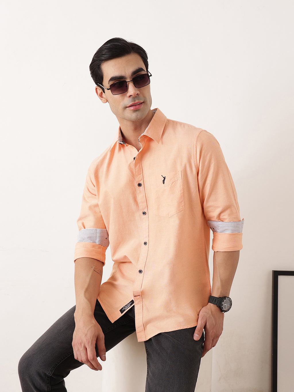 Thomas Scott Men Orange Premium Slim Fit Long Sleeves Spread Collar Solid Cotton Twill Shirt