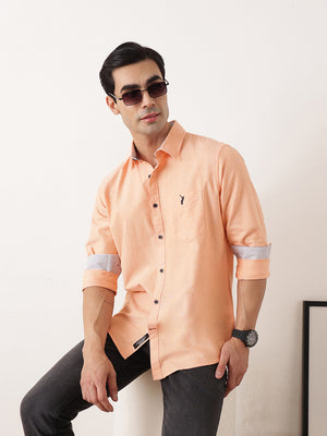 Thomas Scott Men Orange Premium Slim Fit Long Sleeves Spread Collar Solid Cotton Twill Shirt
