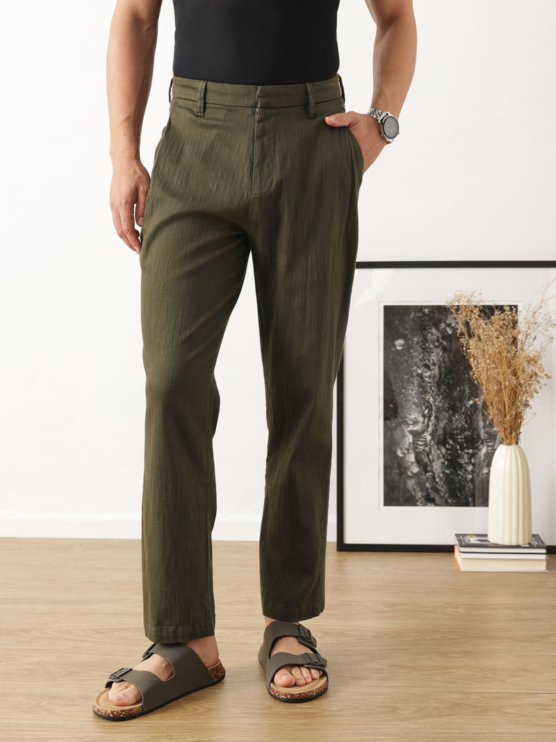 Thomas Scott Men Dark Olive Smart Solid Regular Fit Woven Linen Pleated Trousers