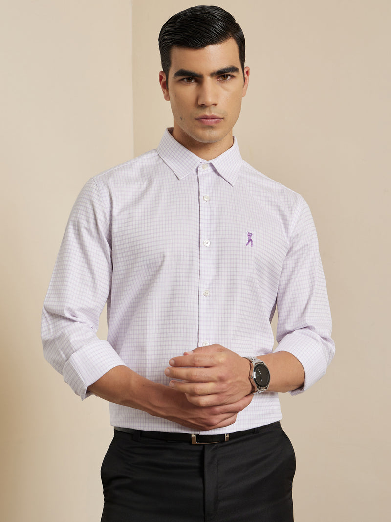 Thomas Scott Men Premium Violet Gingham Checks Cotton Formal Shirt with Spread Collar & Full Sleeves